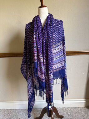 BCBG Max Azria Navy Blue Fringe Wrap Shawl Swim Coverup 100% Viscose Boho Bohemi